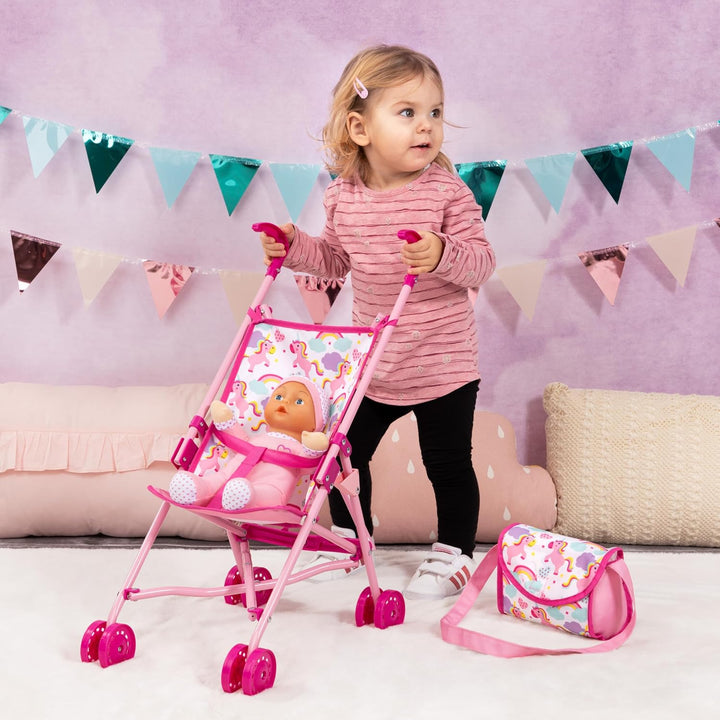 Bayer Design 30585AB Faltbarer Puppenbuggy, Doppelräder, mit weicher Babypuppe, Tasche, Zubehör, Ros