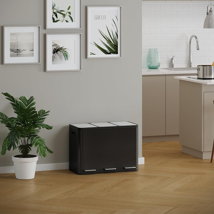 STEELSØN Epsilon Mülleimer 3 Fächer – Mülltrennsystem Küche 3x15L aus Edelstahl Schwarz – Tretmüllei