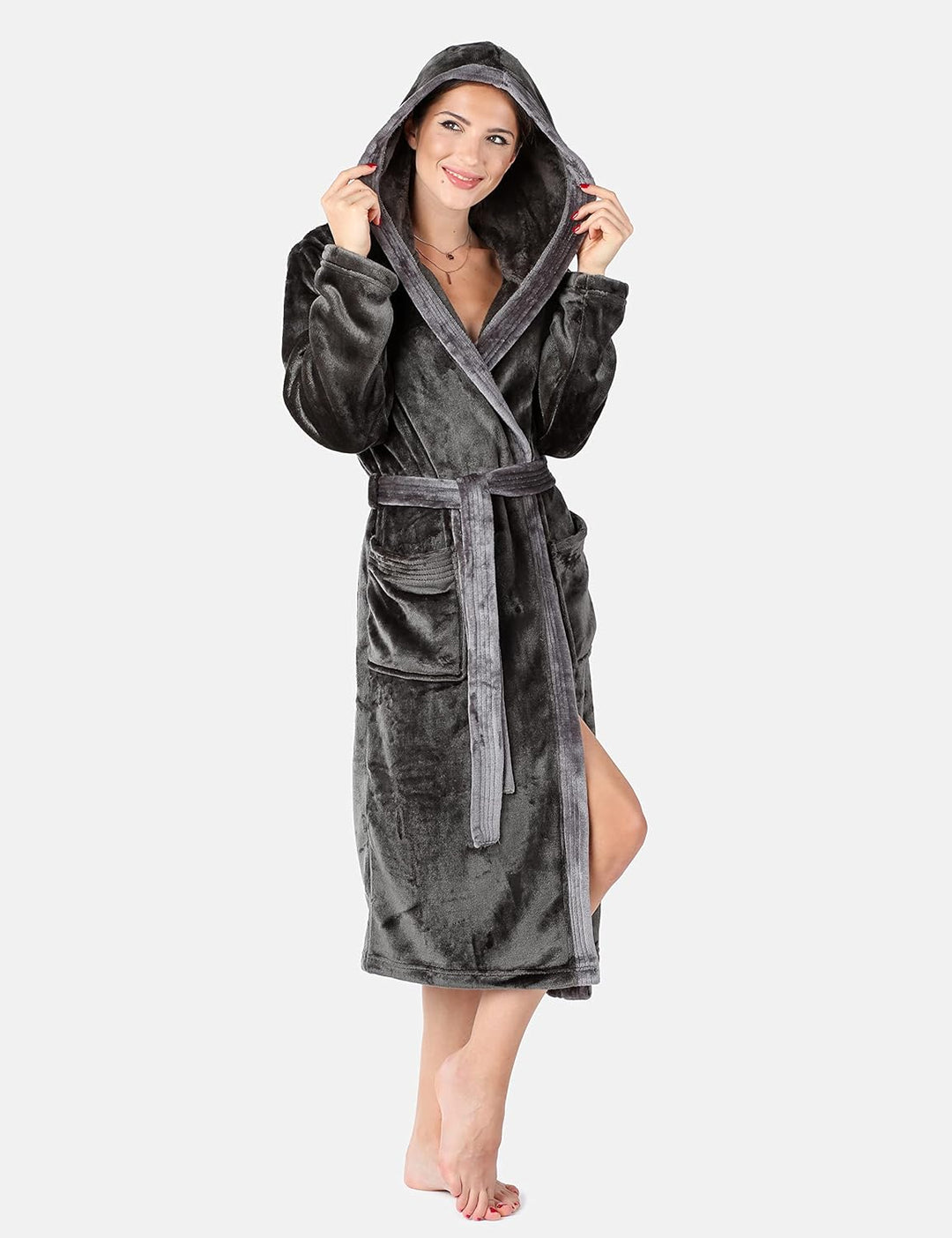 Bellivalini Damen Bademantel lang mit Kapuze und Gürtel BLV50-168 S Graphit/Grau, S Graphit/Grau