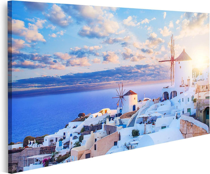 islandburner Bild auf Leinwand Santorini Skyline Blauer Himmel Wolken Oia Stadt Griechenland Wahrzei