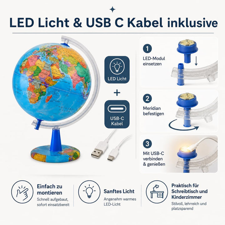 TOPGLOBE 20cm Leuchtglobus - Karte auf Deutsch - Schülerglobus Moderne Politische Weltkugel – pädago
