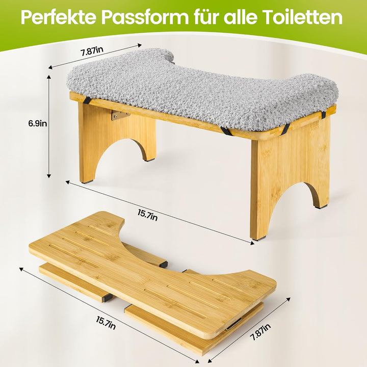 Klappbarer Toilettenhocker Erwachsene mit Komfortmatte, Klohocker aus Bambus-Holz für Badezimmer, Er