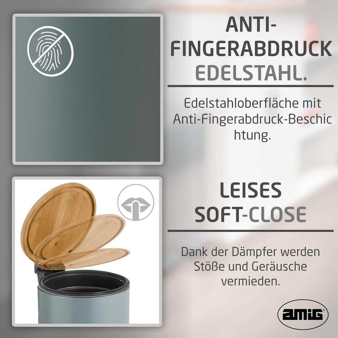 Amig – Kosmetikeimer mit Pedal 3L Naturline – Grau und Bambus – Hygienische Öffnung – Ø16,8 x 23 cm