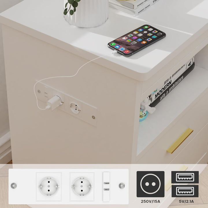 PIPIPOXER LED Nachttisch mit Steckdose, Nachttisch in Weiss mit grossen Stauraum, Nachtschrank Led L