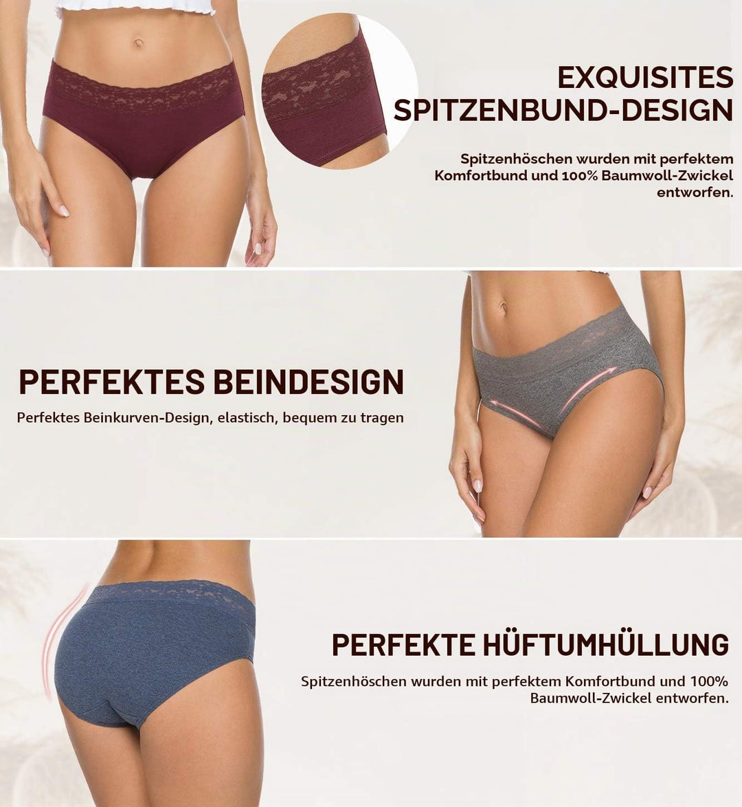 Damen-Unterwäsche, Baumwolle, Bikini-Höschen für Damen, Unterhose, Slips, Hipster, Spitze, 5er-Pack