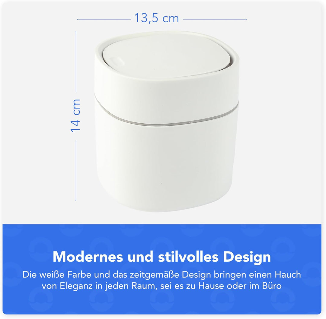 Bamodi Mini Mülltonnen 2L – Weisser Tischmülleimer mit Deckel für Snacks, Kosmetik, Küchenabfälle –