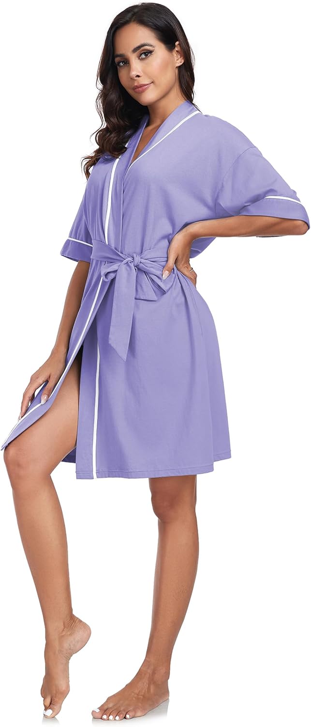COLORFULLEAF 100% Baumwolle Bademantel Damen Kurz Morgenmantel Leicht Knielang Kimono Saunamantel Na