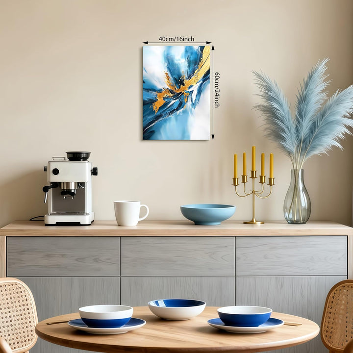 FajerminArt Abstrakt Blau Gold Wellen Leinwandbilder Mit Rahmen, Modern Minimalistisch Bild Auf Lein