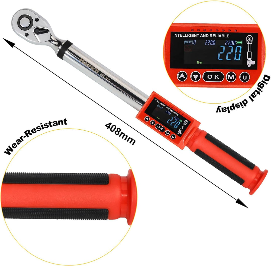 Hairich Digitaler Drehmomentschlüssel 1/2 Zoll, 11–220 N.m, ±2% Genauigkeit, mit LED-Anzeige, Signal