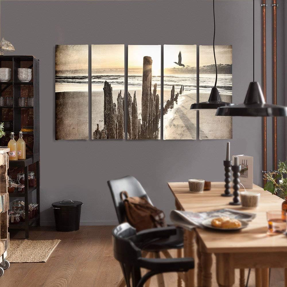 Feeby Frames, Leinwandbild Bilder Wand Bild - 5 Teile - Wandbilder Kunstdruck (WELLENBRECHERS, BRAUN