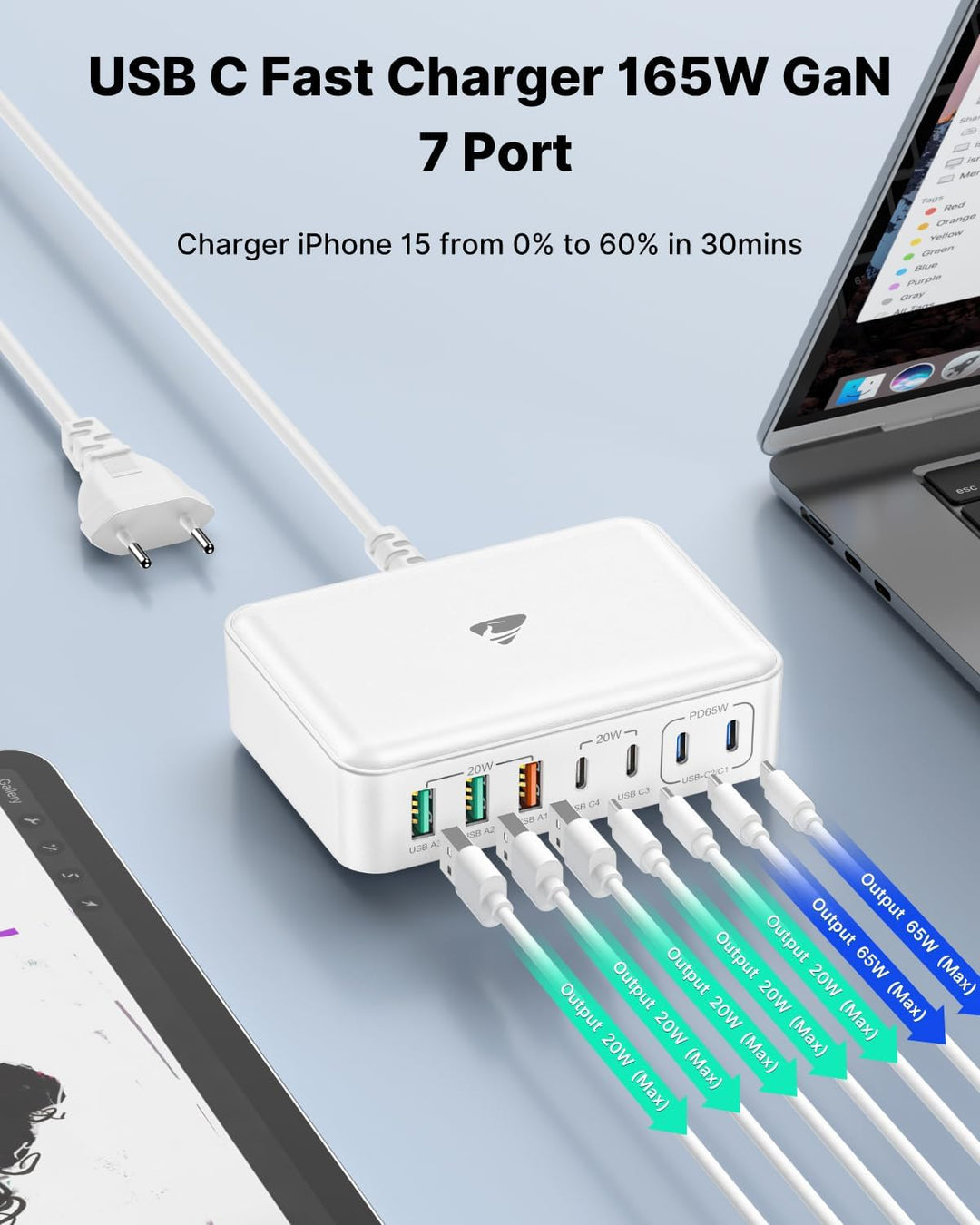USB C Ladegerät, 165W USB C Adapter 7-Port GaN Schnellladegerät PD 3.0 Power Adapter mit 4 USB-C und