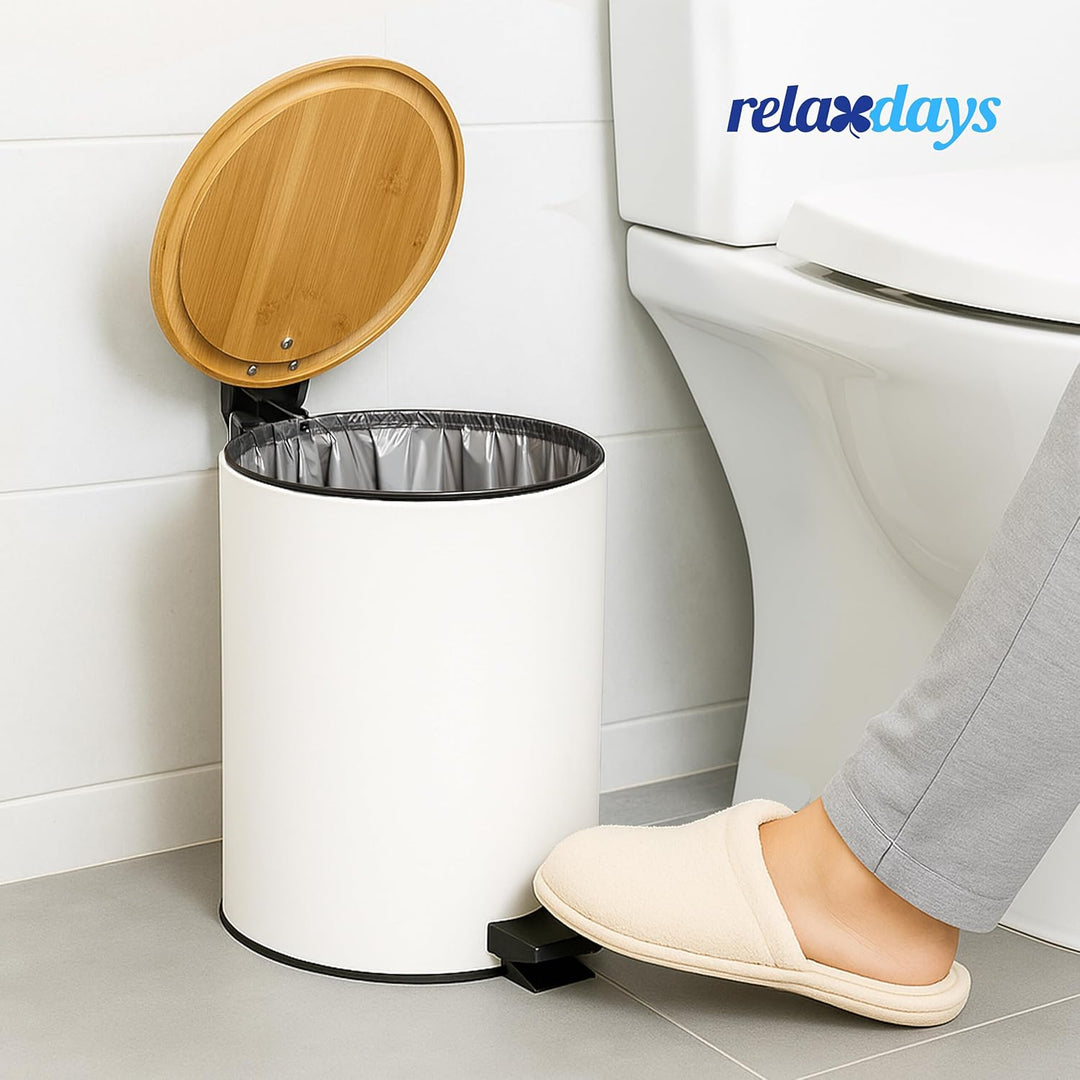 Relaxdays Kosmetikeimer 5 L, Absenkautomatik, Inneneimer entnehmbar, Badmülleimer, Metall, Bambus, m