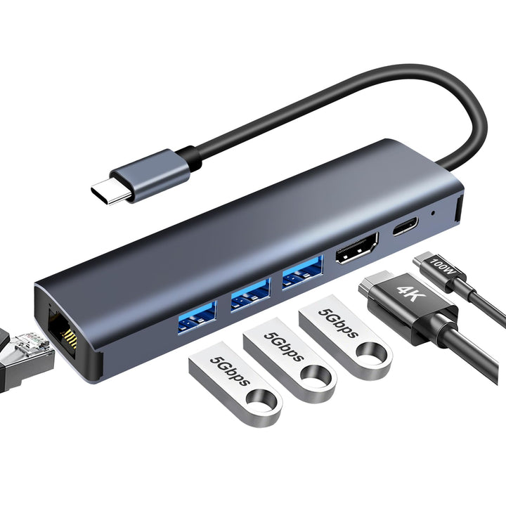 USB C Hub Ethernet 6 in 1, 4K HDMI, LAN RJ45 1000Mbp,PD100W, 3*USB A 3.0 5Gbps Docking Station USBC