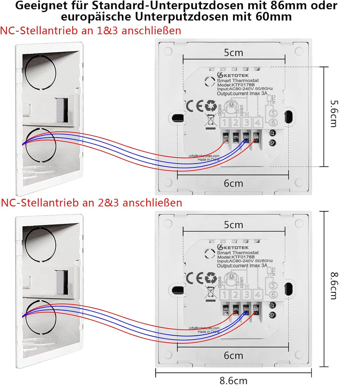 KETOTEK Smart Thermostat Für Wasser Fussbodenheizung 3A, WiFi Raumthermostat Digital LCD Programmier