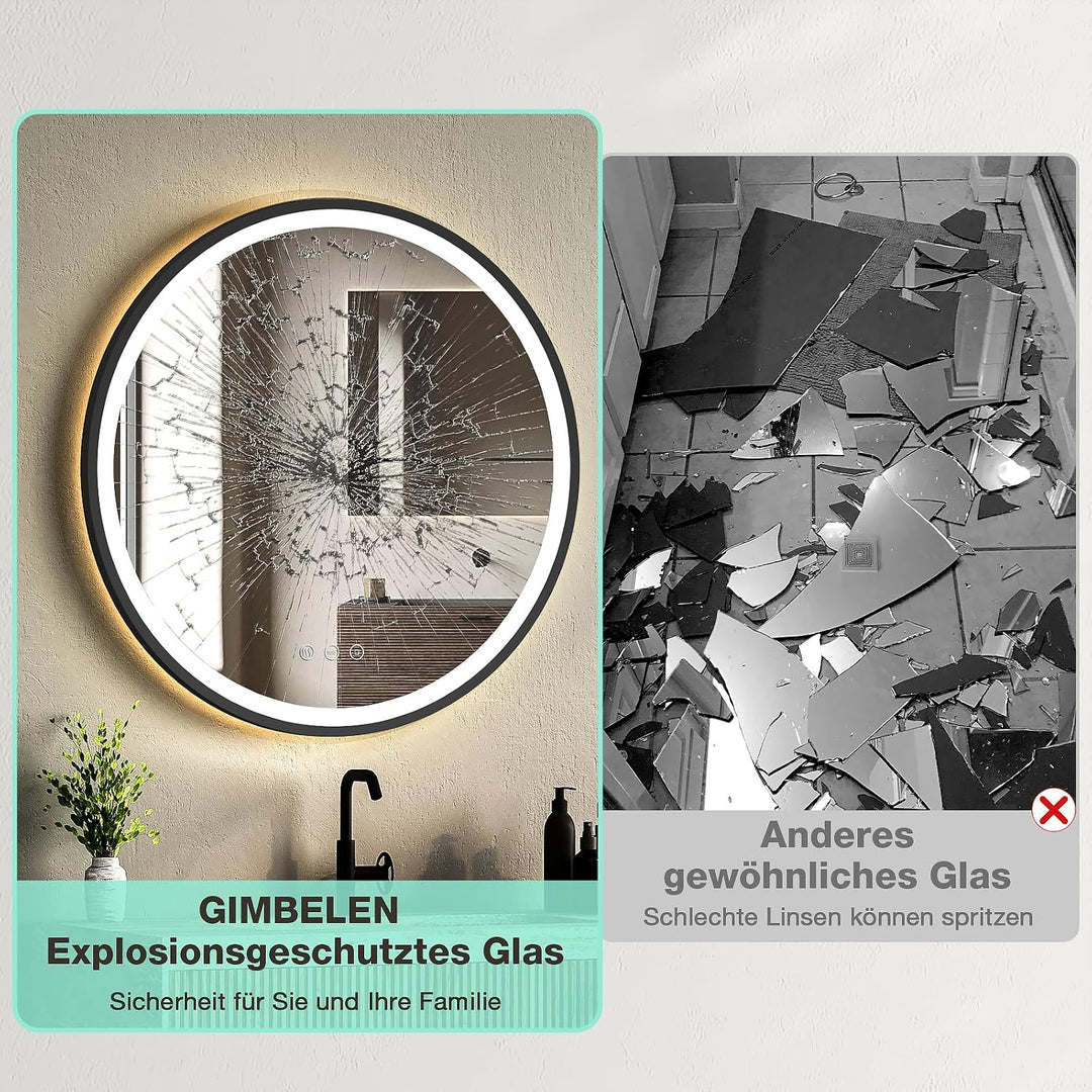 LED Runder Badezimmerspiegel mit Beleuchtung, Antibeschlag, dimmbar, energiesparend, 3 Lichtfarben,