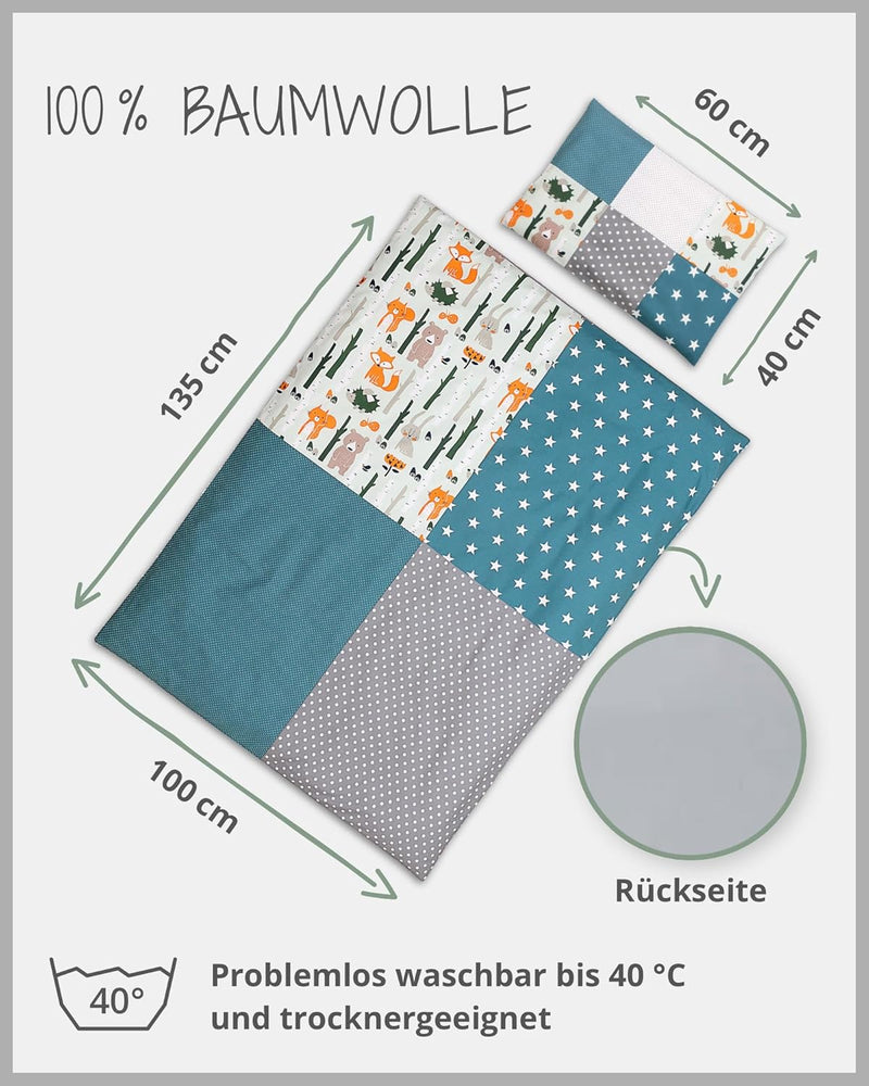 ULLENBOOM Kinderbettwäsche 100x135 cm - 100% OEKO-TEX Baumwolle - Waldtiere Petrol - Kinder Bettwäsc