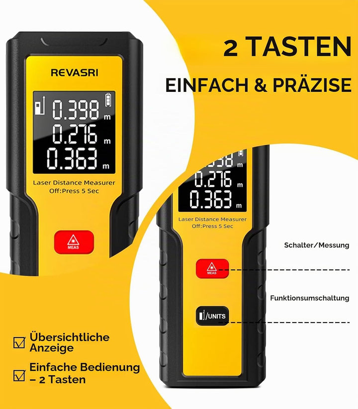 Laser Entfernungsmesser | REVASRI Digital Entfernungsmesser | Einfache Bedienung|Reichweite 50m | Mi