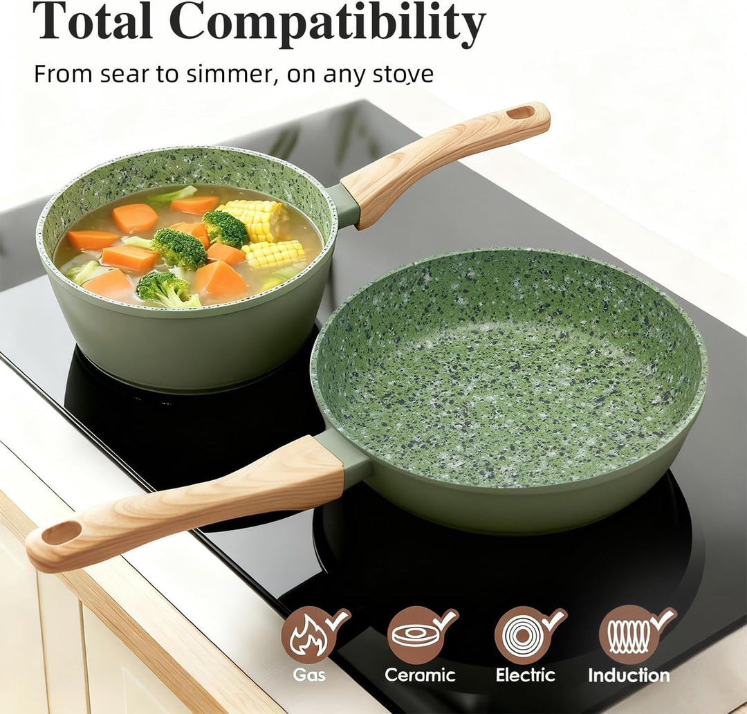 Green Antihaft-Set: 6"-Topf (Saucepan), 8,5"-Pfanne (Frying Pan) & 7"-Schmortopf (Stockpot) - Kombin