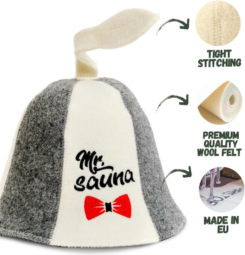 Sauna Guru Saunahut 'Mr Sauna' White - 100% organische Wollfilzmützen - Schützen Sie Ihren Kopf vor