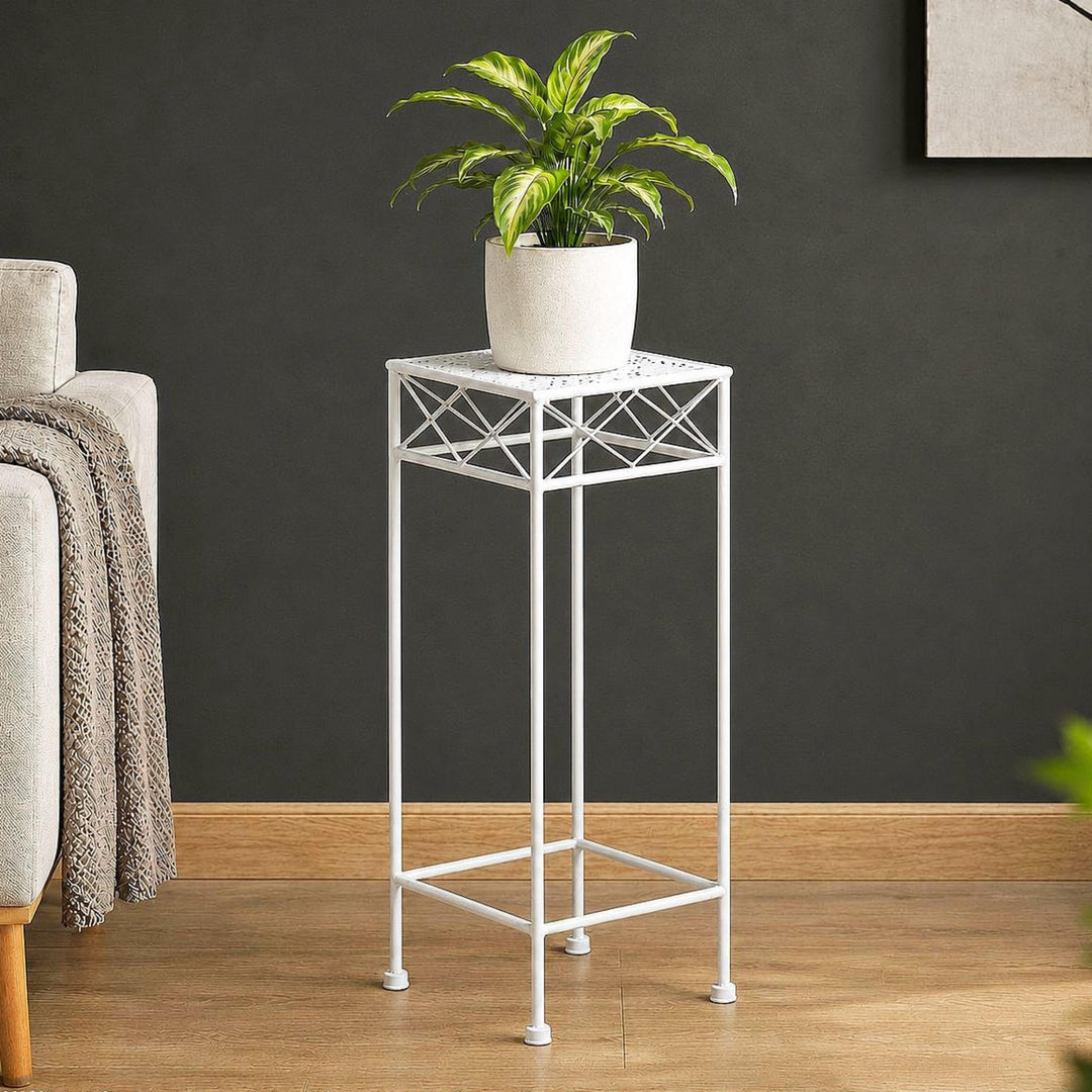 DanDiBo Blumenhocker Weiss Metall Eckig 70-50 cm Blumenständer 96314 Beistelltisch Blumensäule Moder