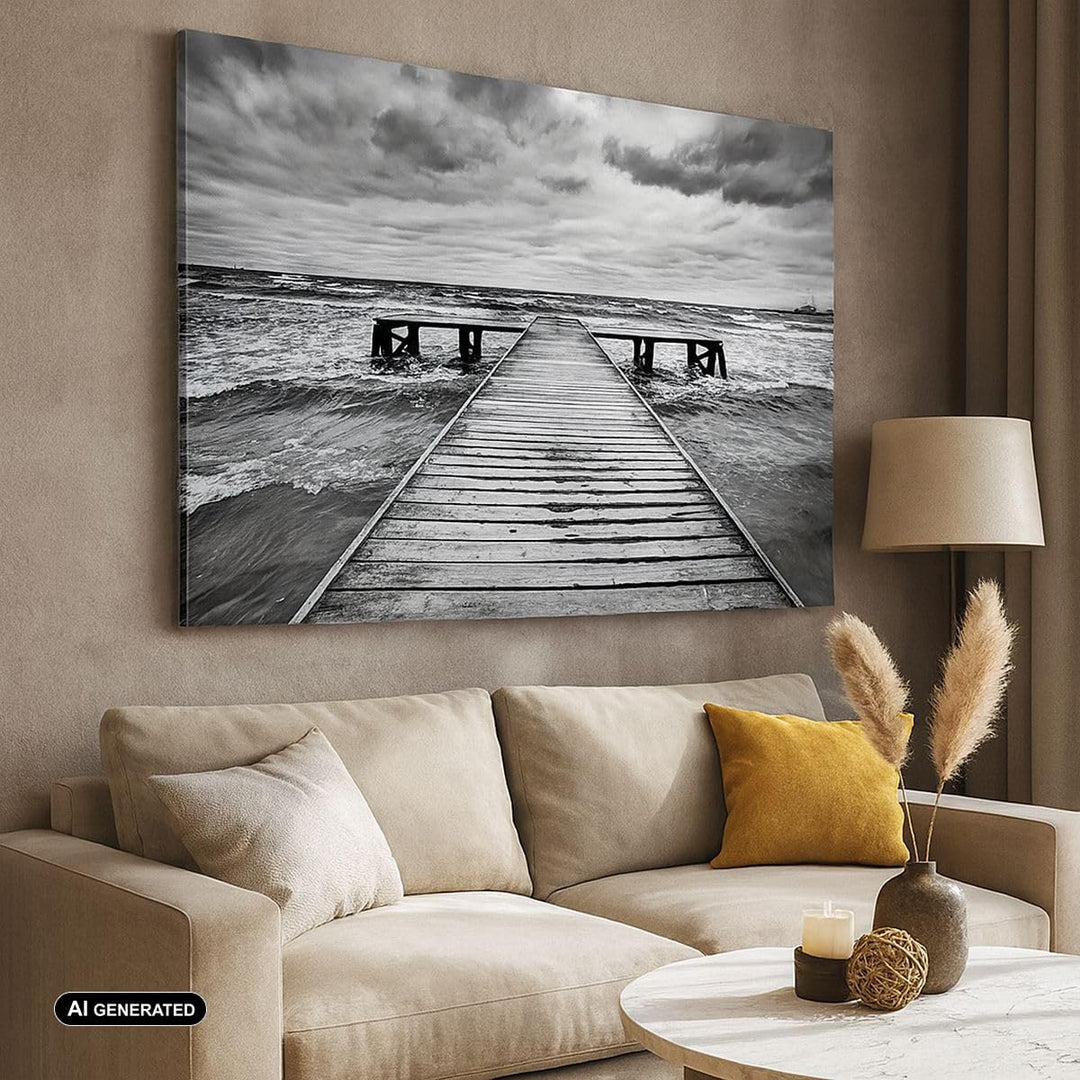 Bilder auf Leinwand 100x70cm Leinwandbild mit Rahmen Brücke Meer Welle Gross Wanddeko Bild Schlafzim