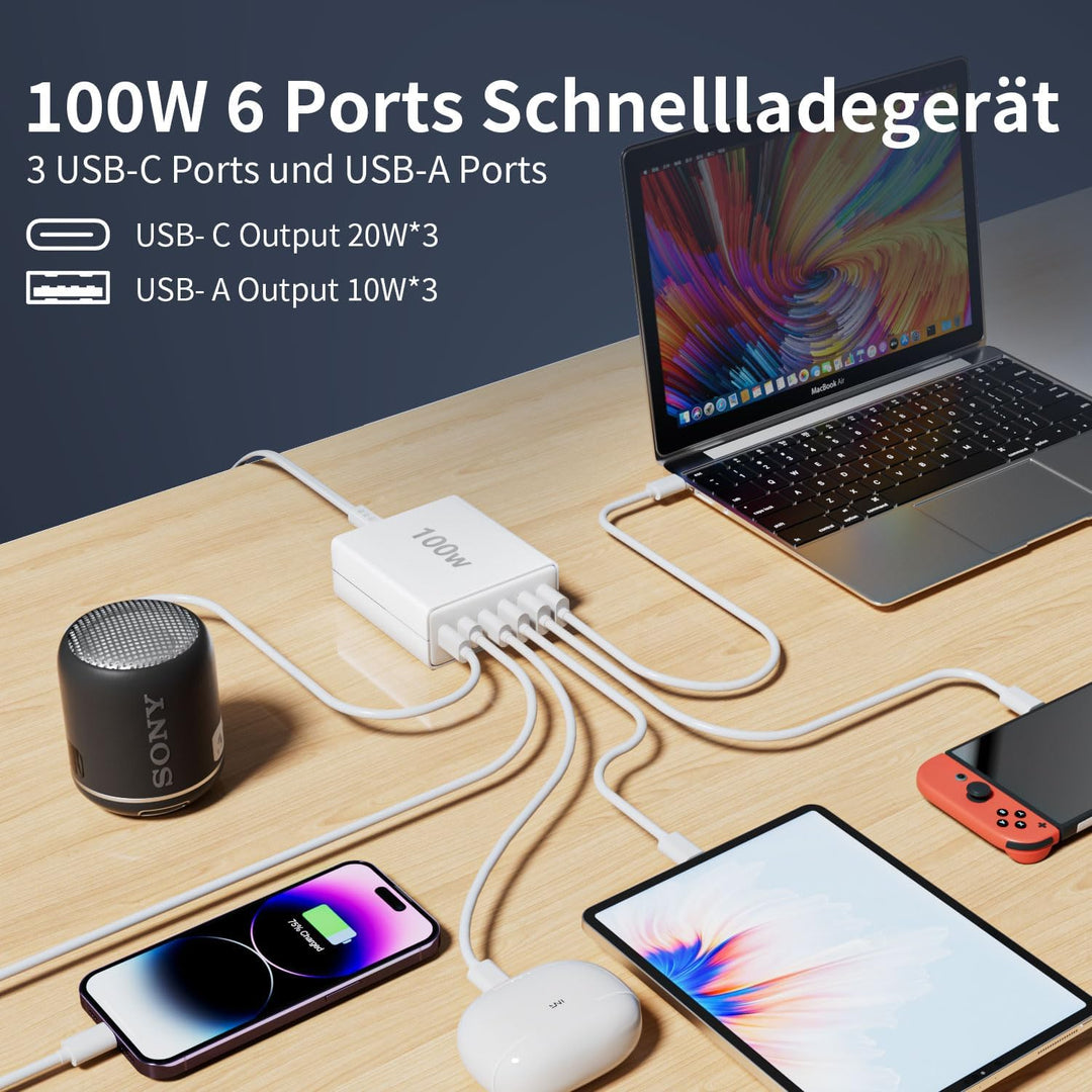 FINIBO USB C Ladegerät Mehrfach: 100W 6-Port Schnellladegerät mit USB-C und USB-A, Tragbarer USB C W