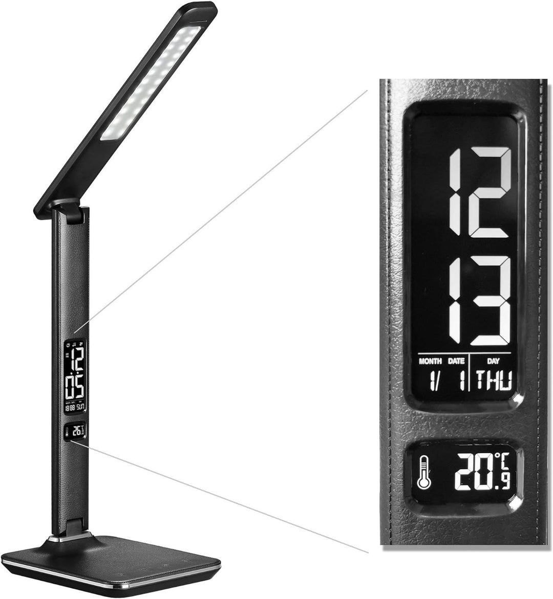 @tec Dimmbare LED Schreibtischlampe in Lederoptik mit Display für Datums, Uhrzeit, Temperatur - schw