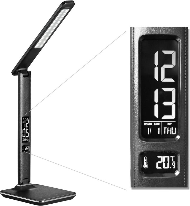 @tec Dimmbare LED Schreibtischlampe in Lederoptik mit Display für Datums, Uhrzeit, Temperatur - schw