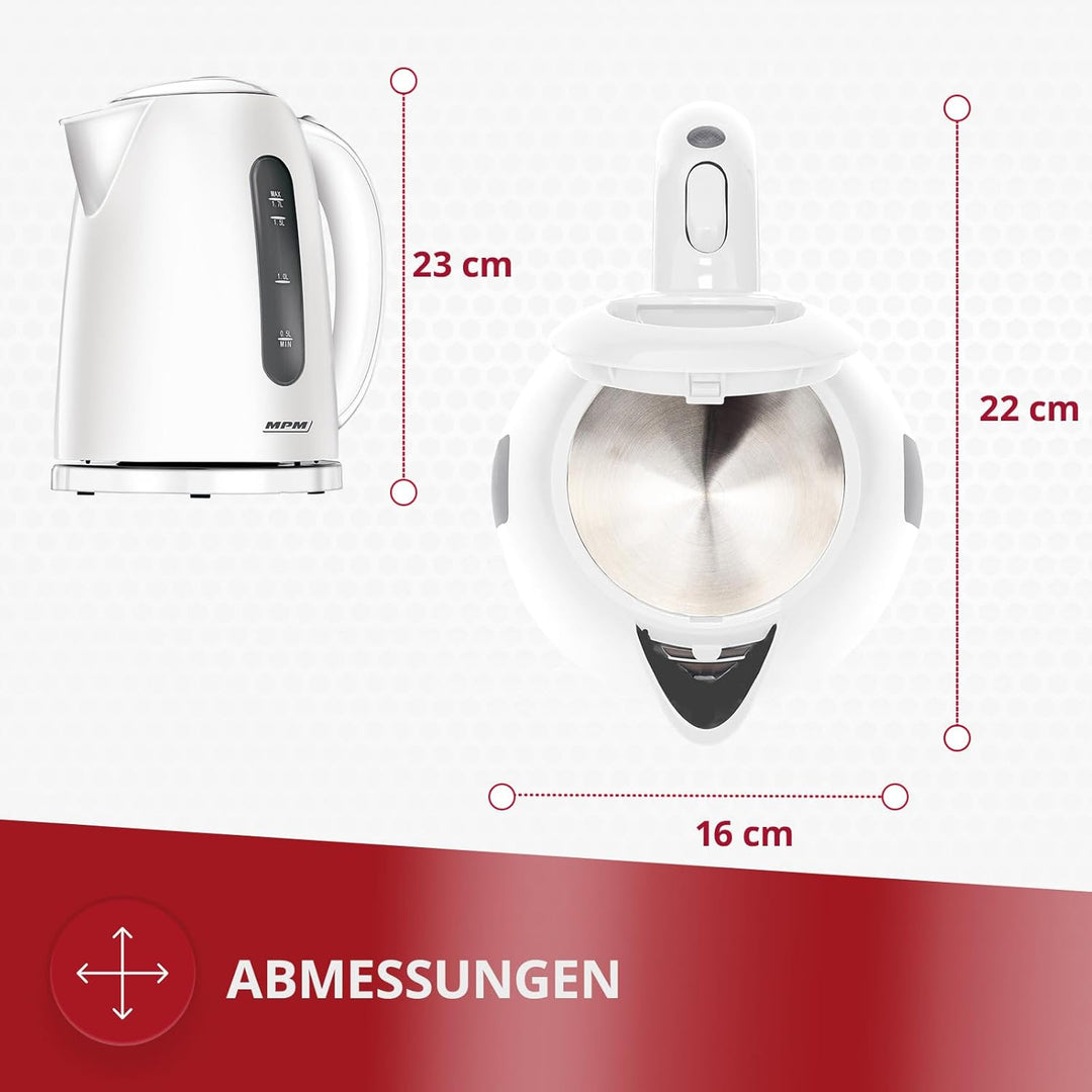 MPM MCZ-85 Elektrischer Wasserkocher, Fassungsvermögen 1,7 Liter BPA frei, Kabellos, 360°-Drehbasis,
