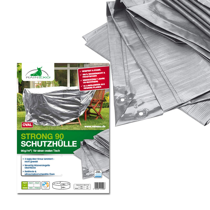 Rainexo Schutzhülle Hochreissfest für 1 Tisch oval, 2.40 x 1.80 x 0.90 m, silber / grau
