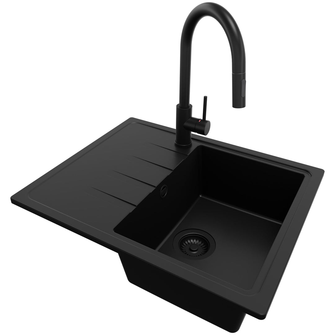 PRIMAGRAN Granitspüle Alles Schwarz 62x50cm, Spülbecken 1 Becken + Küchenarmatur 40x20cm + Ablauf-Se