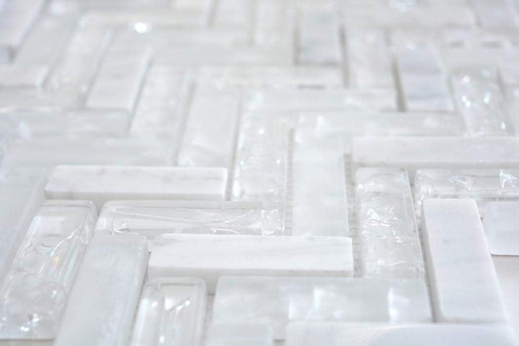 Mosaik Fliese Transluzent weiss Fischgrät Glasmosaik Crystal Stein für WAND BAD KÜCHE FLIESENSPIEGEL