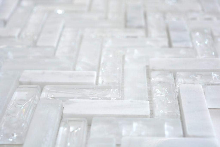 Mosaik Fliese Transluzent weiss Fischgrät Glasmosaik Crystal Stein für WAND BAD KÜCHE FLIESENSPIEGEL