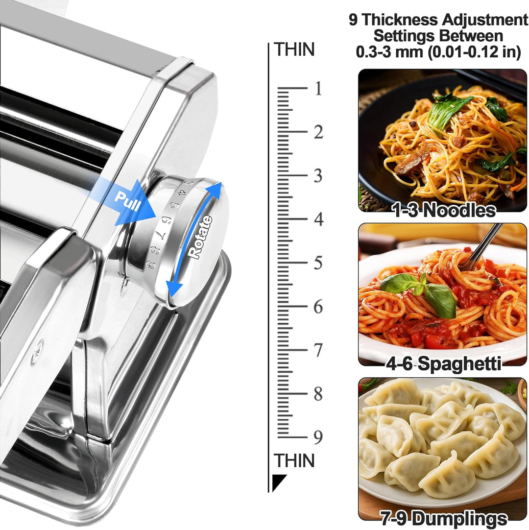 Alyoen Nudelmaschine Manuell, Pasta Maker aus Edelstahl, Pastamaschine mit 9 Einstellbaren Stärkeein