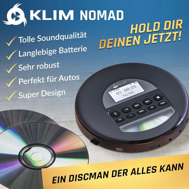 KLIM Nomad CD Player Bluetooth - tragbare Discman mit langlebigem Akku - inklusive Kopfhörer - MP3 -