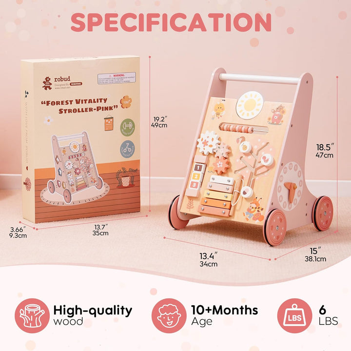 ROBUD Lauflernwagen Holz,Baby Lauflernhilfe,Baby Walker,kognitive Entwicklung, Rosa
