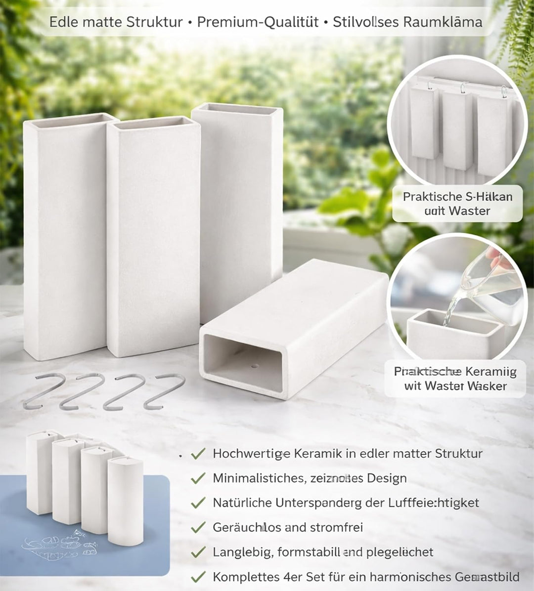 Luftbefeuchter für Heizung Set inkl. Haken - Keramik Wasserverdunster - weiss beige - Wasserverdunst