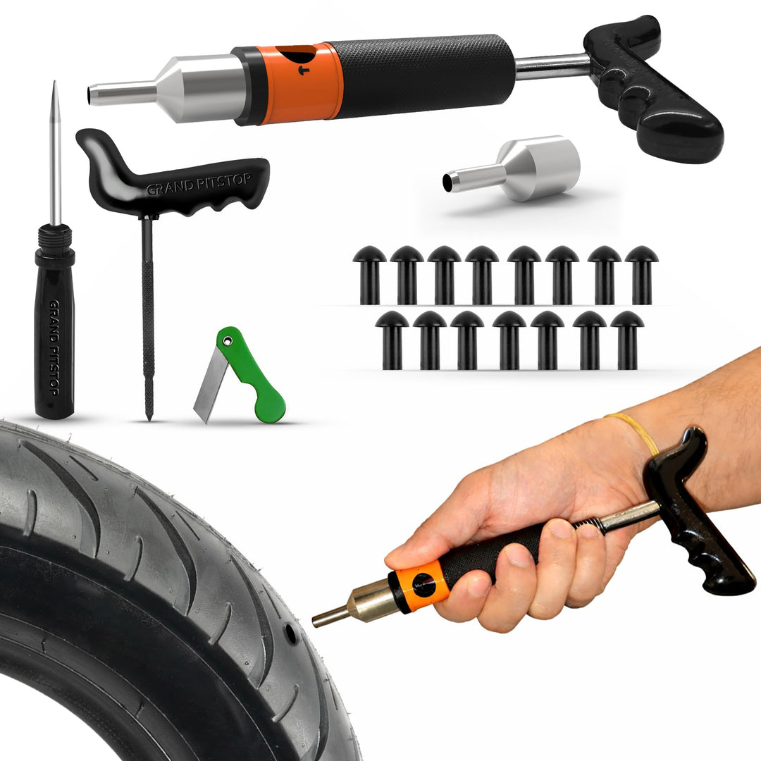 GRAND PITSTOP Reifenreparaturset mit multifunktionaler Klappzange, kompatibel für Auto, Motorrad, LK