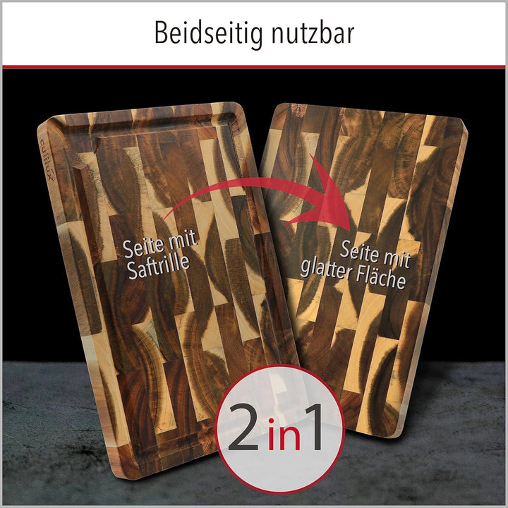 CULILUX® Gourmet Schneidebrett S Stirnholz Akazie 2-seitig 30 x 20 x 2 cm mit Saftrille antiseptisch