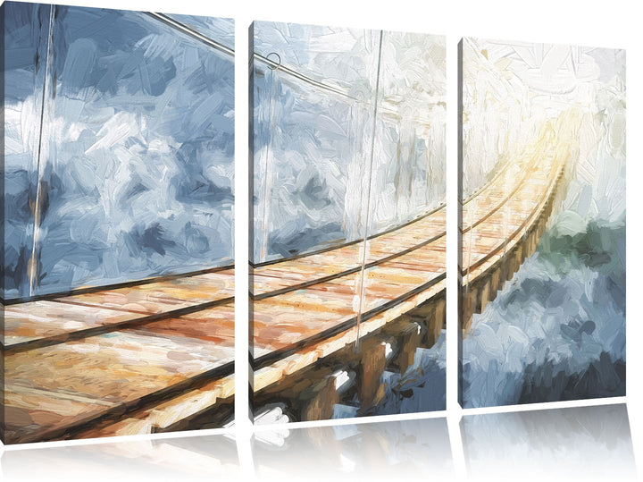 Pixxprint Hölzerne Brücke in den Wolken / 3-Teilig/Gesamtmass 120cm Leinwandbild bespannt auf Holzra