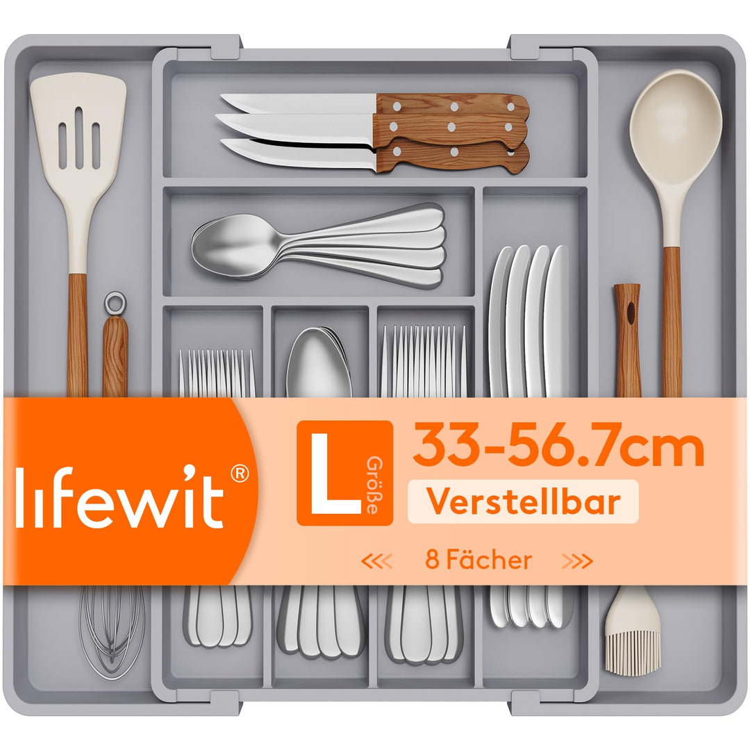 Lifewit Besteckkasten für Schubladen 40 50, verstellbarer Kunststoff Organizer Küche Tiefe 42,4 cm,