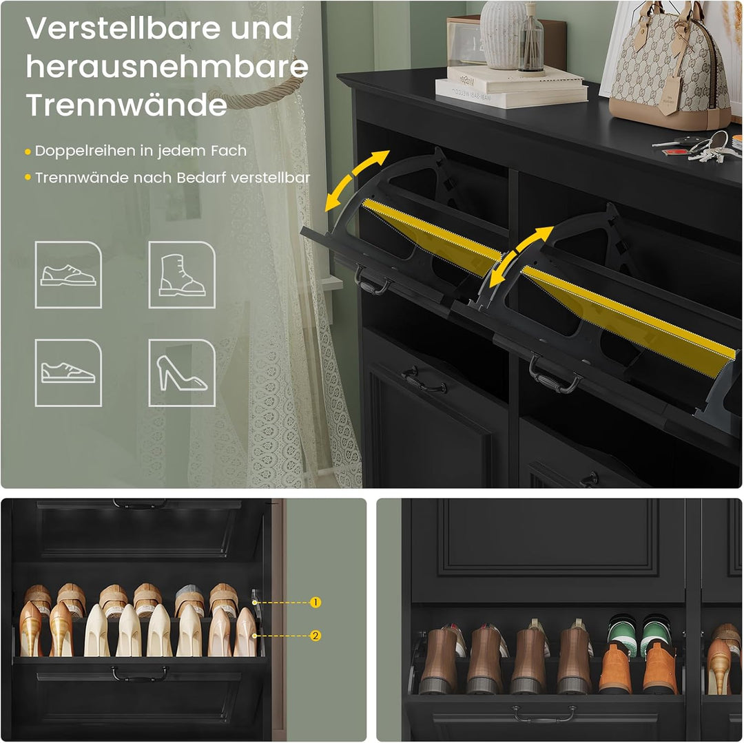 Schuhschrank Schwarz Schuhkipper mit 4 Klappen, Schuhkommode Schuhregal mit Trennwände verstellbar u
