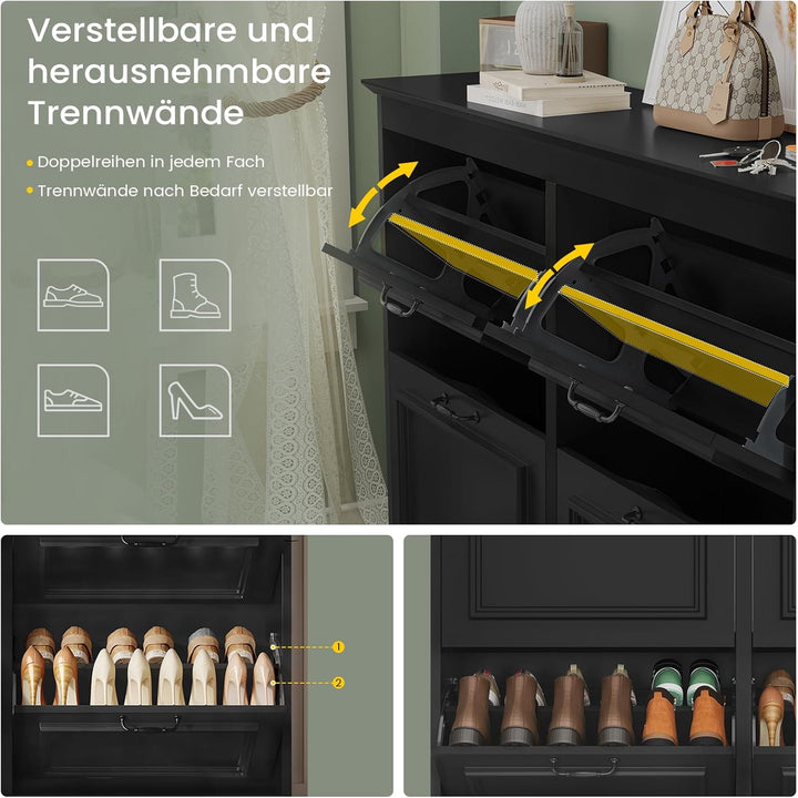 Schuhschrank Schwarz Schuhkipper mit 4 Klappen, Schuhkommode Schuhregal mit Trennwände verstellbar u