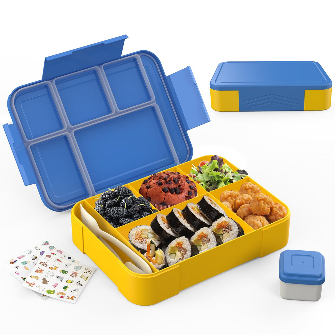Brotdose Kinder mit Fächern 1300ml, Lunchbox für Kinder, Bento Box mit 5 Fächern Besteckset, auslauf