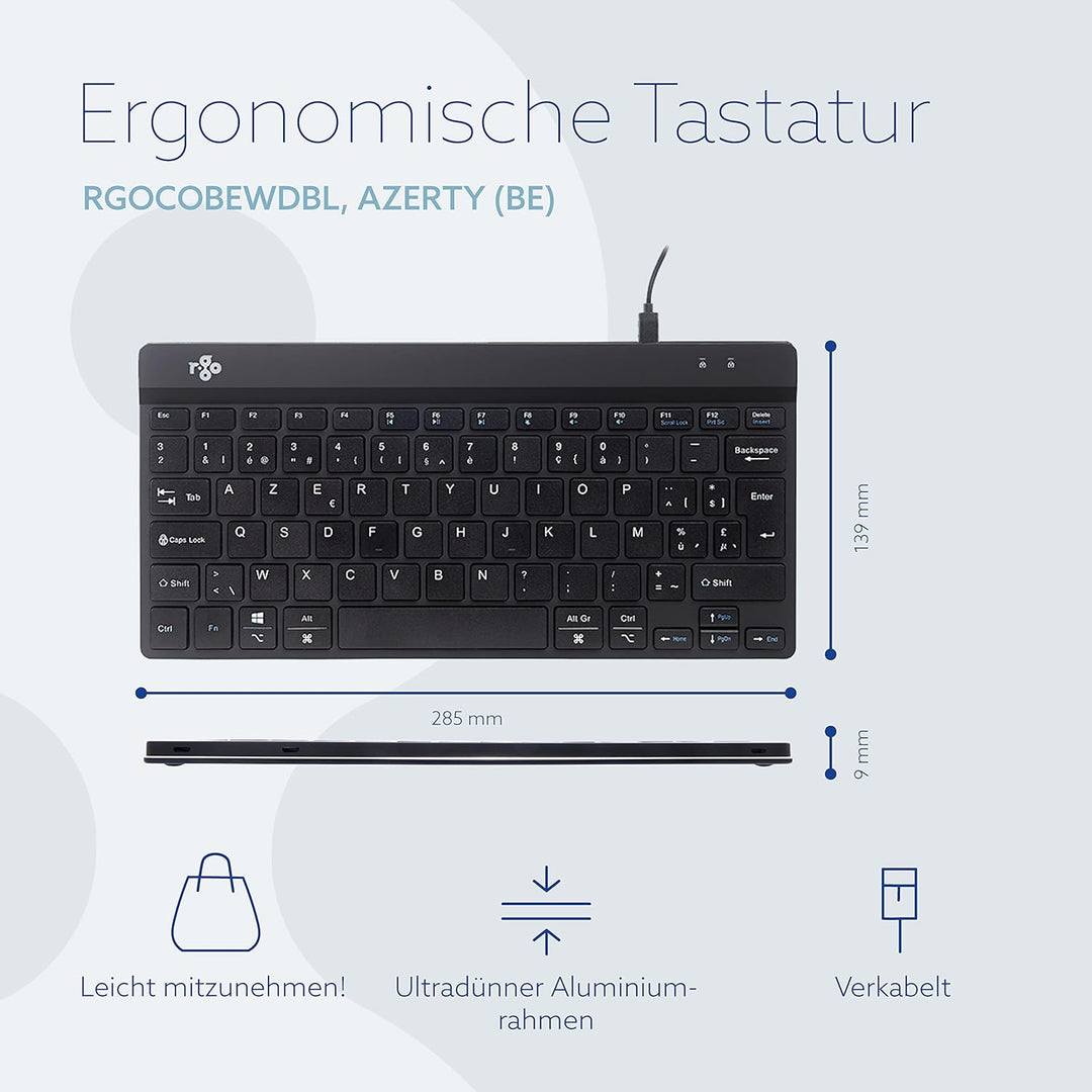 R-Go Compact Break Tastatur, AZERTY BE Layout, Mit Pausenanzeige, Ergonomische flaches Design, Kabel