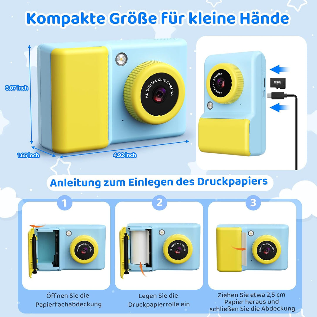 Kinderkamera Sofortbildkamera, 20MP 1080P Digitalkamera mit 2,4-Zoll-Display, 3 Rollen Farbfotopapie