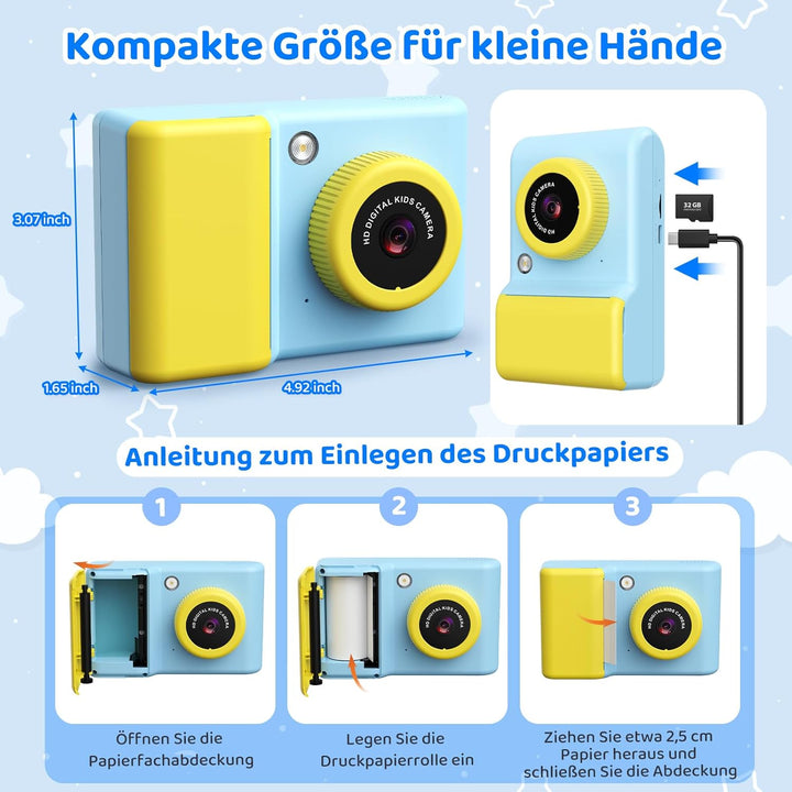 Kinderkamera Sofortbildkamera, 20MP 1080P Digitalkamera mit 2,4-Zoll-Display, 3 Rollen Farbfotopapie