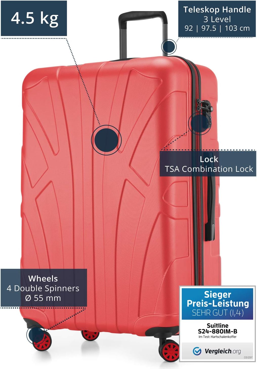 suitline - Grosser Hartschalen-Koffer Koffer Trolley Rollkoffer XL Reisekoffer, TSA, 76 cm, ca. 96-1