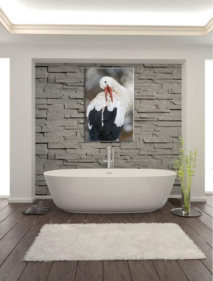 Pixxprint Storch putzt Sich auf Leinwand, XXL riesige Bilder fertig gerahmt mit Keilrahmen, Kunstdru