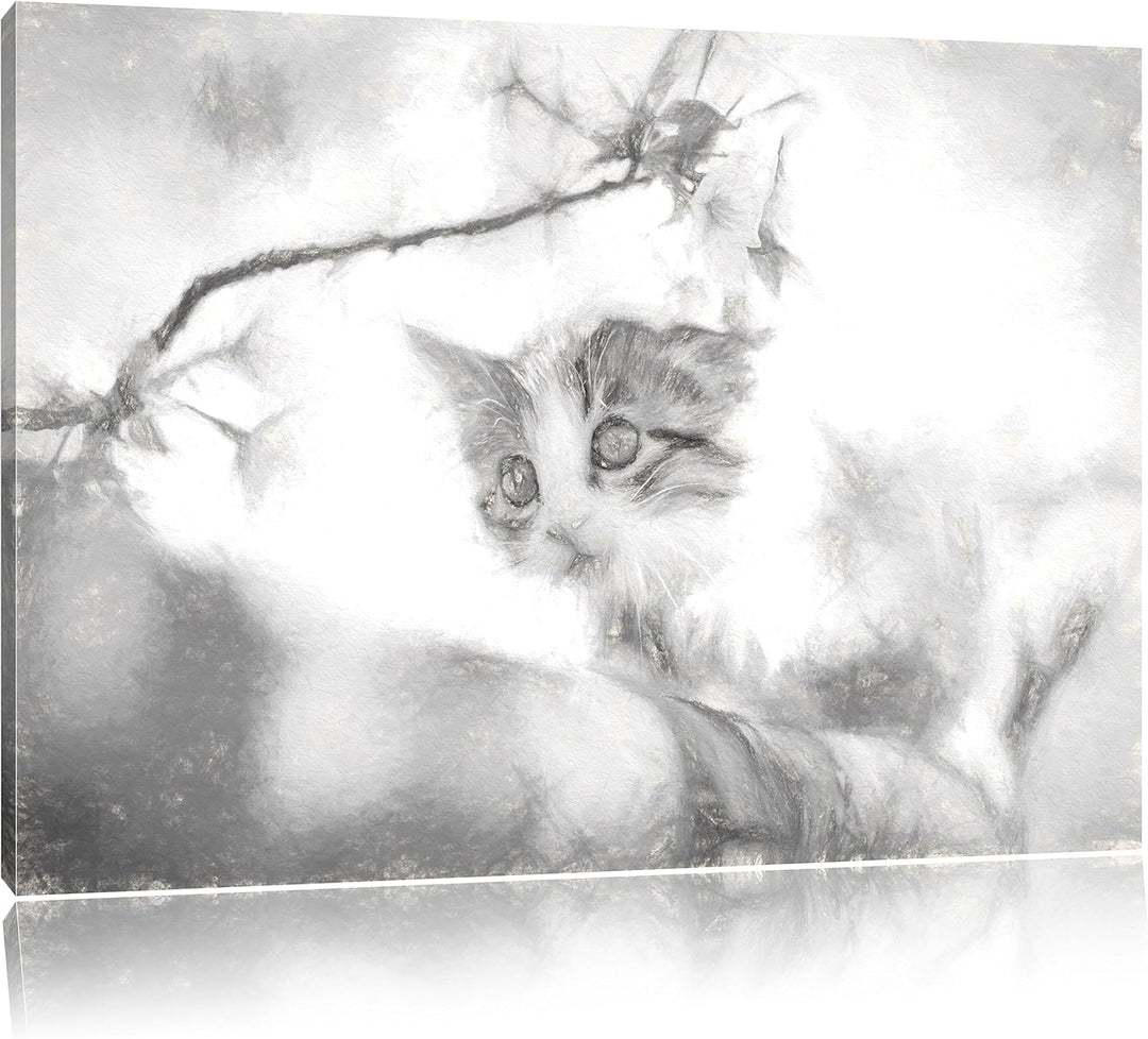 Pixxprint Süsses Kätzchen im Kirschbaum Kunst Kohle Effekt, Format: 100x70 auf Leinwand, XXL riesige